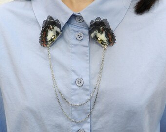 Silk Butterfly Wings Collar Pins with Chains - Collar Brooch Accessories 1pair
