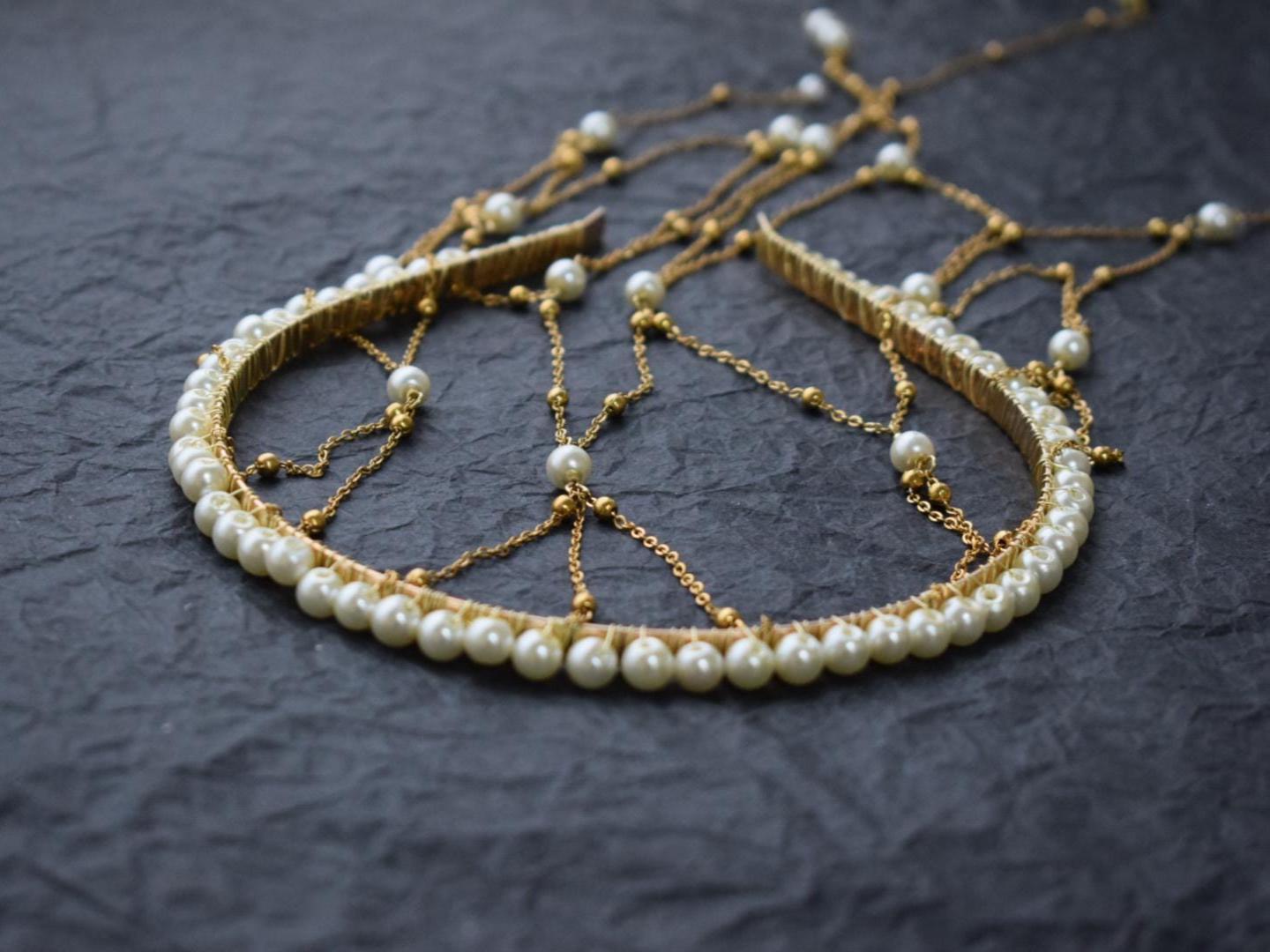 Pearl Bridal Crown With Golden Chains – Oriental Headpiece 