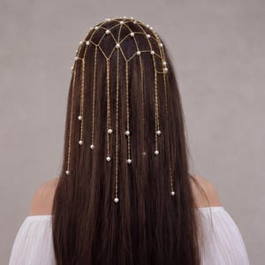 Gold Pearl Chain Hair Veil for Bride with Draped Headpiece and Cascading Wedding Hair Jewelry