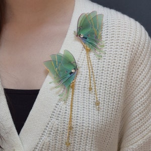Silk luna moth butterfly collar clip with chains - lapel pin brooch accessories 1 pair
