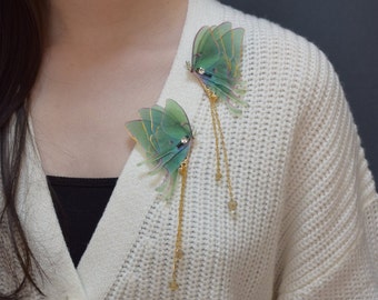 Silk luna moth butterfly collar clip with chains - lapel pin brooch accessories 1 pair