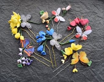 Hair stick silk butterfly and tiny flowers polymer clay - french hair pin accessories for women