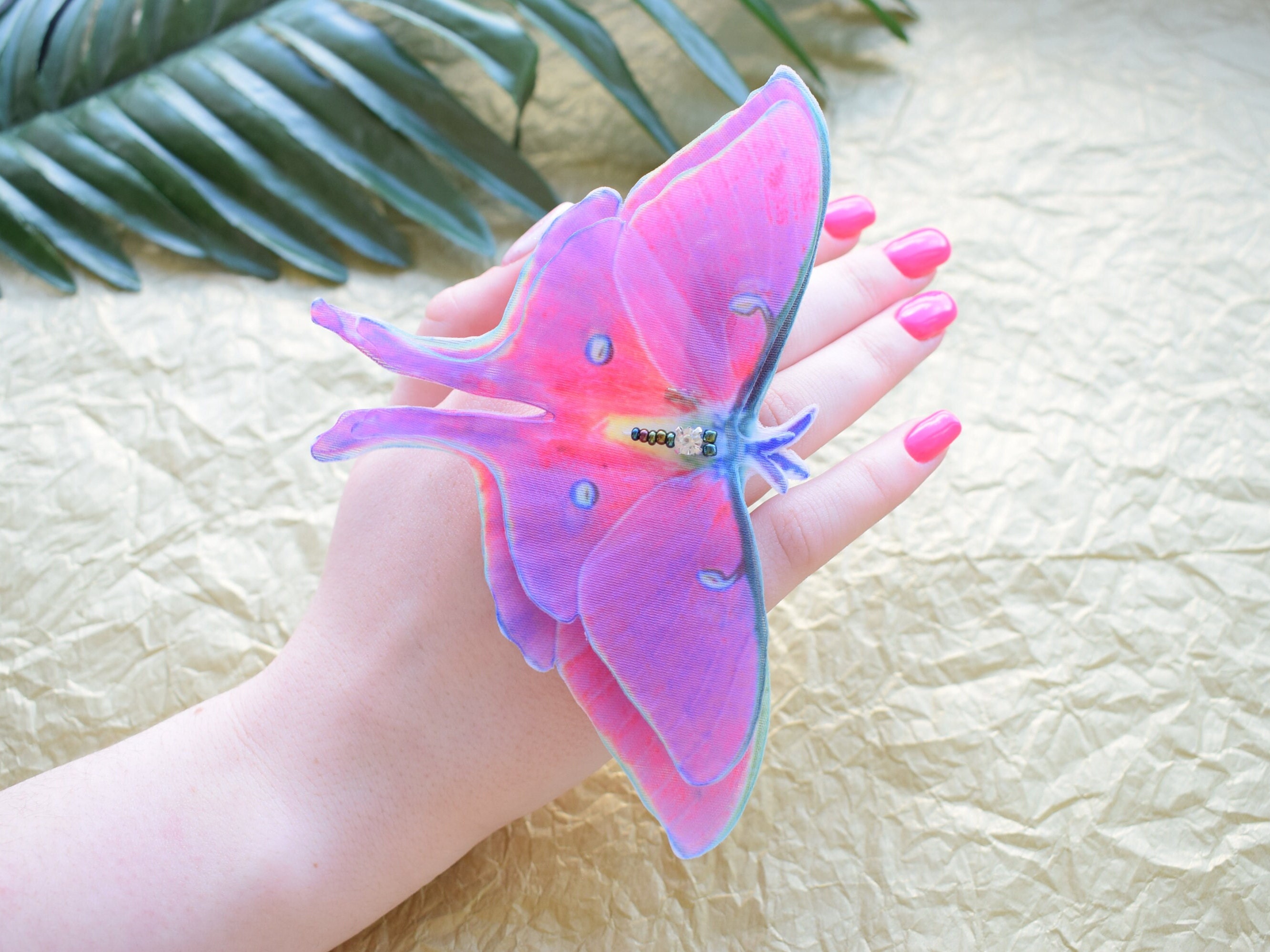 Fuchsia Luna Moth Large Side Hair Clips - Hot Pink Silk Butterfly