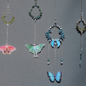 Crystal suncatcher with silk blue butterfly pendants window hanging garden or home decor