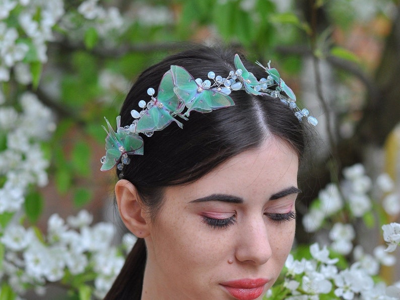 Luna moth butterfly hair piece moonstone crystals and silver wire headband image 1