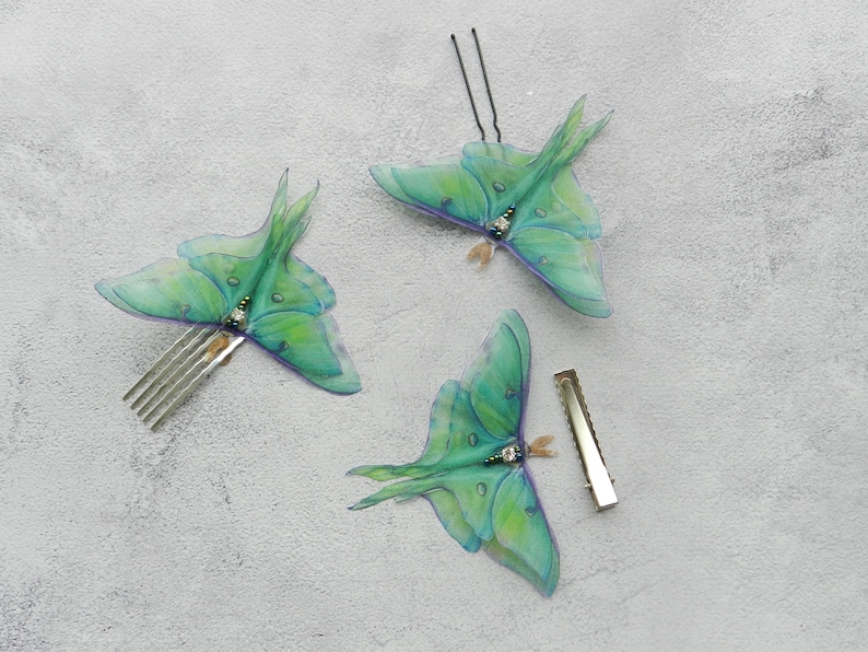 Silk luna moth hair clips pins or comb with 3d double-layer wings hair accessories for women and girl gift image 4