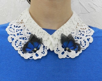 Detachable white lace collar with butterflies lapel pins