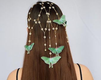 Luna Moth Butterfly Headpiece – Gold Chain Hair Jewelry, Fairycore Festival Crown