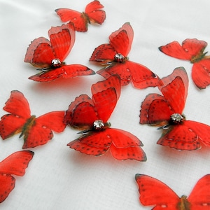 Red silk butterfly applique craft supplies for wedding spring decor - red butterfly wall decor patches for valentines day DIY set