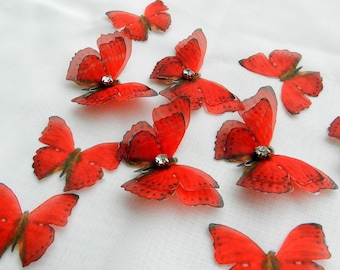 Red silk butterfly applique craft supplies for wedding spring decor - red butterfly wall decor patches for valentines day DIY set