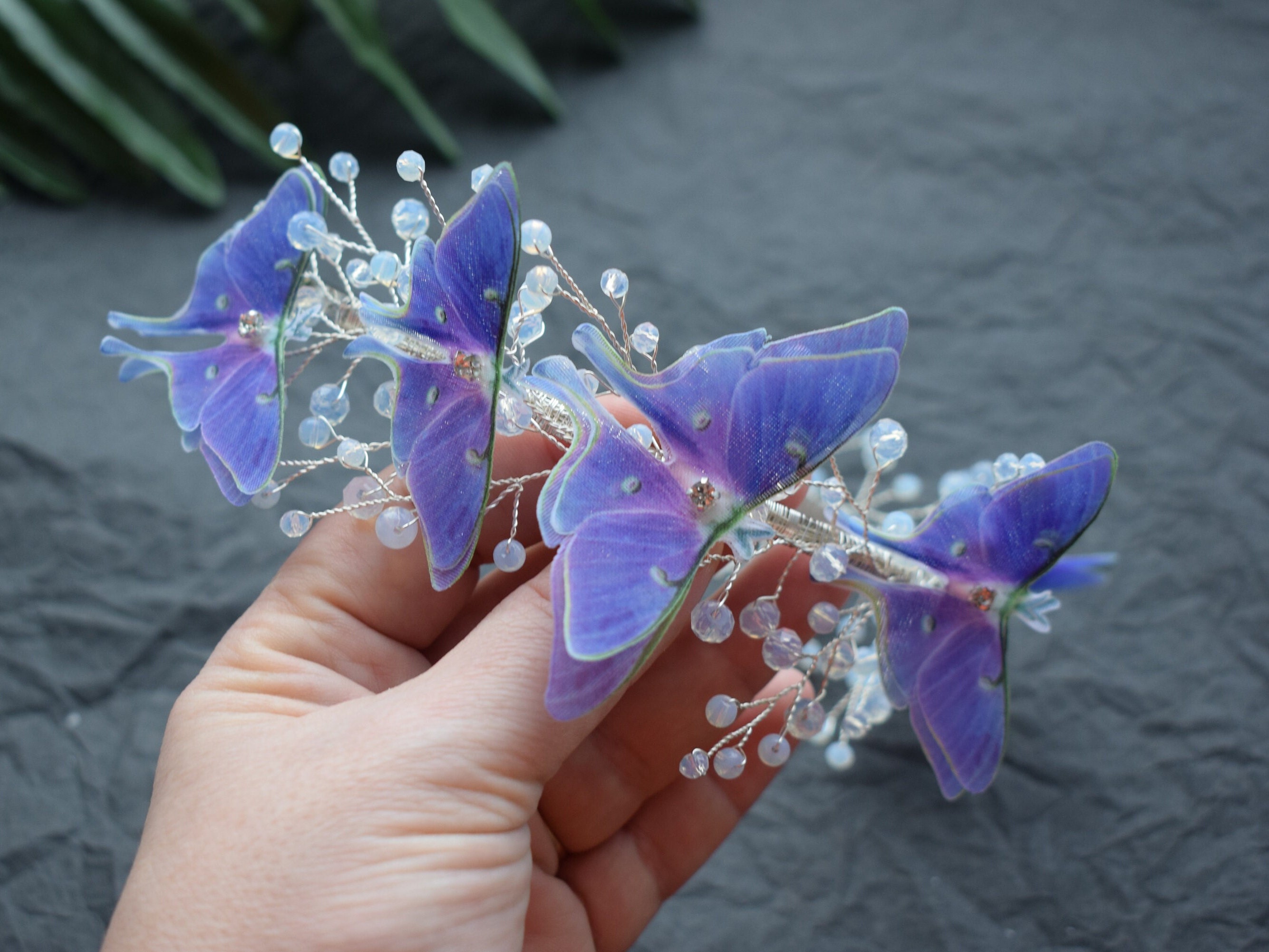 Silk Luna moth butterfly hair piece moonstone crystals and gold wire headband