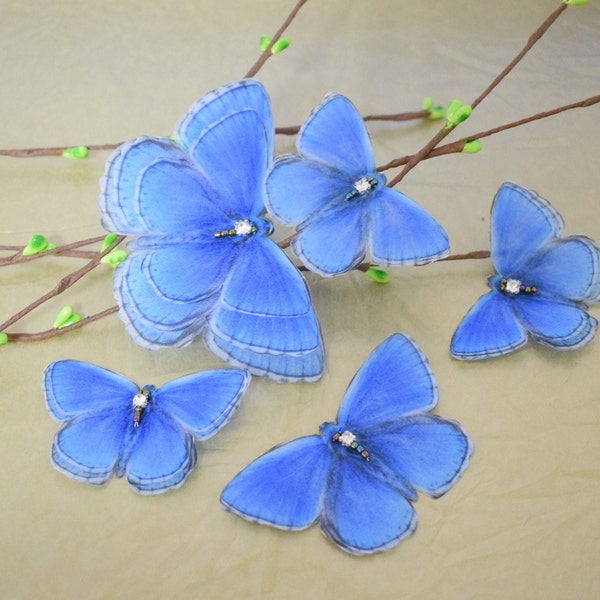 Pinces à cheveux ou broche ailes de papillon en soie bleue - Bijoux de tête de mariage pour la mariée