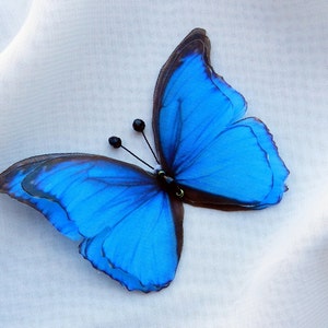 Morpho silk butterfly bright blue hair clips pins or brooch 3d three-layer wings