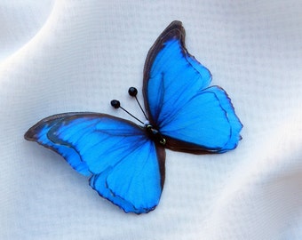 Morpho silk butterfly bright blue hair clips pins or brooch 3d three-layer wings