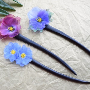 Wooden hair stick silk flowers Forget-me-nots and Pansies single prong hair pins accessories for women