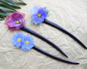 Wooden hair stick silk flowers Forget-me-nots and Pansies single prong hair pins accessories for women