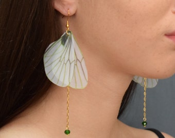 Silk Green Dragonfly Wings Earrings Lightweight Chains Jewelry For Woman