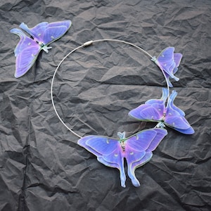 Purple Luna Moth necklace with silk organza double-layer wings butterfly accessories for woman