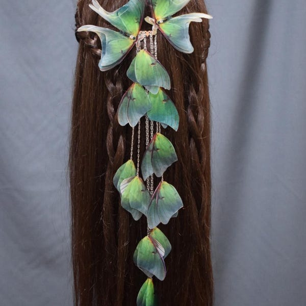 Großer Luna Motten Haarkamm mit Seidenorganza Schmetterlingen, grüner Elfen Haarschmuck