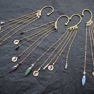 Pendientes trepadores de orejas extra largos con gemas de sol y luna sin perforación, 1 unidad: aguamarina, nefritis, piedra lunar o amatista
