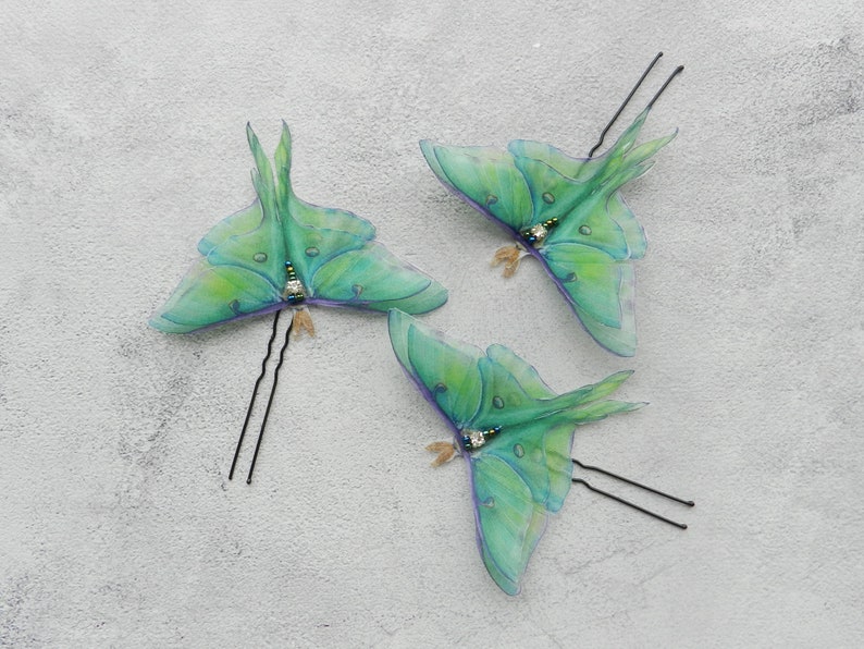 Silk luna moth hair clips pins or comb with 3d double-layer wings hair accessories for women and girl gift Pin
