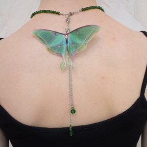 Luna moth moving butterfly wings backdrop necklace - back pendant choker transformer