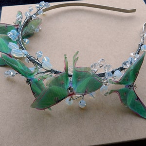 Luna moth butterfly hair piece moonstone crystals and silver wire headband image 2