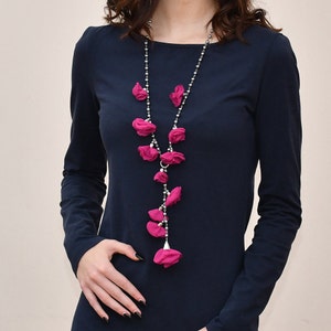 Fuchsia flowers pendant long necklace - Fabric flowers jewelry floral necklace - Long bridesmaid necklace gift for her