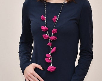 Fuchsia flowers pendant long necklace - Fabric flowers jewelry floral necklace - Long bridesmaid necklace gift for her