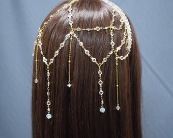 Crystal Gold Chain Headpiece – Oriental Bridal Hair Jewelry, Beaded Hair Veil, Goddess Crown for Wedding or Festival Look