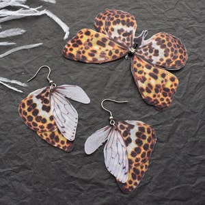 Leopard butterfly wings earrings silk hair clip set - Long chain earring lightweight prom jewelry