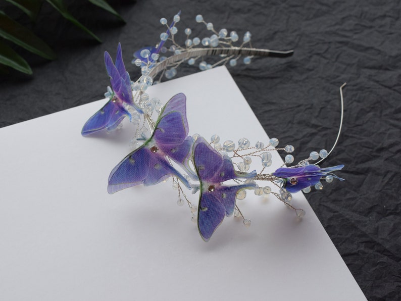 Luna moth butterfly hair piece moonstone crystals and silver wire headband image 9