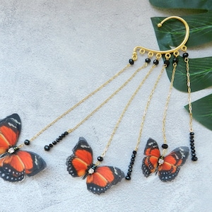 Pendientes largos de seda con forma de mariposa monarca, sin perforaciones, 1 unidad