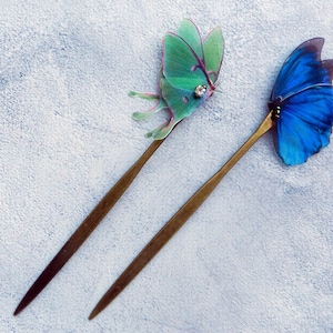 Hair stick blue silk butterfly single prong chinese hair pin accessories for women
