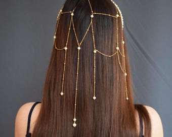 Pearl Bridal Crown with Golden Chains – Oriental Headpiece, Wedding Hair Jewelry, Goddess Halo Tiara
