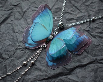 Butterfly blue silk pendant necklace and earrings jewelry set gift for woman or girl