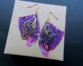 Atlas moth wings drop earrings with golden metal pendant
