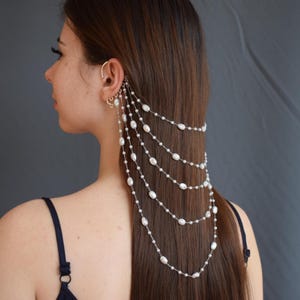 Parelkettingen dubbele oormanchet geen piercing – Haarsieraden met parelkralen, bruidsketting haaraccessoire, Boho Fantasy Festival-look