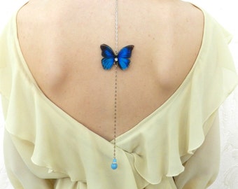 Blue butterfly backdrop necklace with crystals for wedding dress