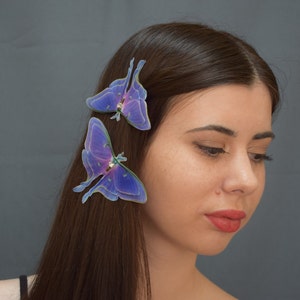 Silk purple luna moth hair clips with 3d wings hair jewelry for women and girl gift