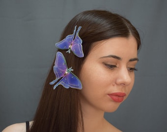 Silk Purple Luna Moth Hair Clips With 3d Wings Hair Jewelry for