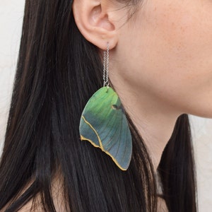 Luna moth butterfly wings drop and dangle long chain earrings