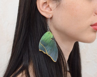 Luna moth butterfly wings drop and dangle long chain earrings