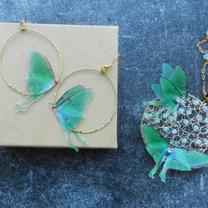 Luna moth butterflies hoop earrings and Luna moth pendant necklace with silk organza double-layer wings