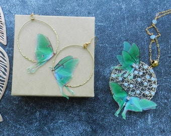 Luna moth butterflies hoop earrings and Luna moth pendant necklace with silk organza double-layer wings