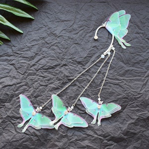 Luna moth ear cuff no piercing butterflies silk long ear climber earrings