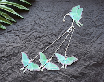 Luna moth ear cuff no piercing butterflies silk long ear climber earrings