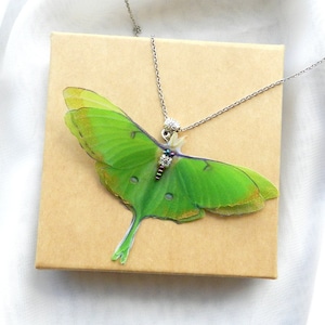 Silk bright green luna moth pendant necklace delicate gift for her