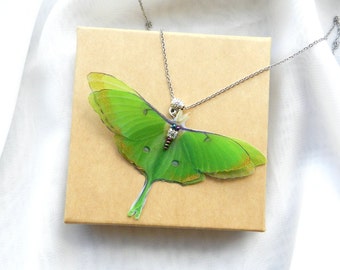 Silk bright green luna moth pendant necklace delicate gift for her