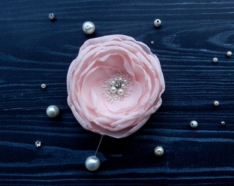 Camellia Pale Pink Silk Flower Brooch, Handmade Fabric Lapel Pin